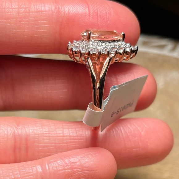Synthetic Morganite & White Zircon Tear Drop Rose Gold Over Sterling Silver Ring - Picture 11 of 13